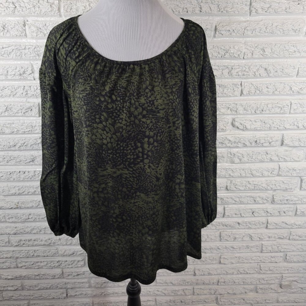 Ava & Viv Womens 1X Plus Green Watercolor Boat Neck Long Sleeve‎ Blouse WAT91E